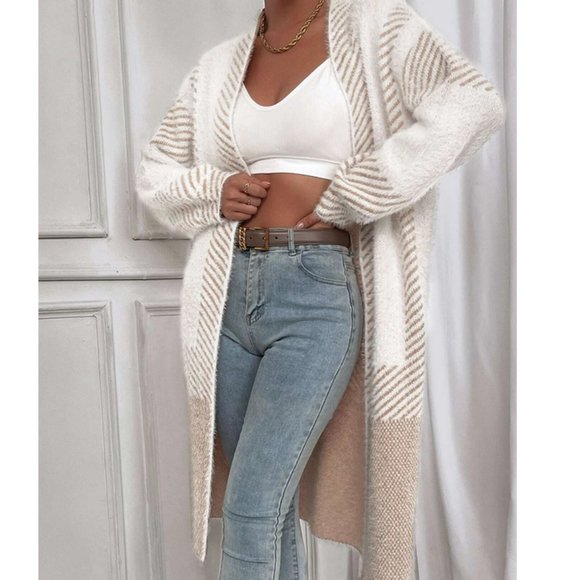 Tan  Striped Pattern Fuzzy Duster Knit Sweater Cardigan - Picture 5 of 6